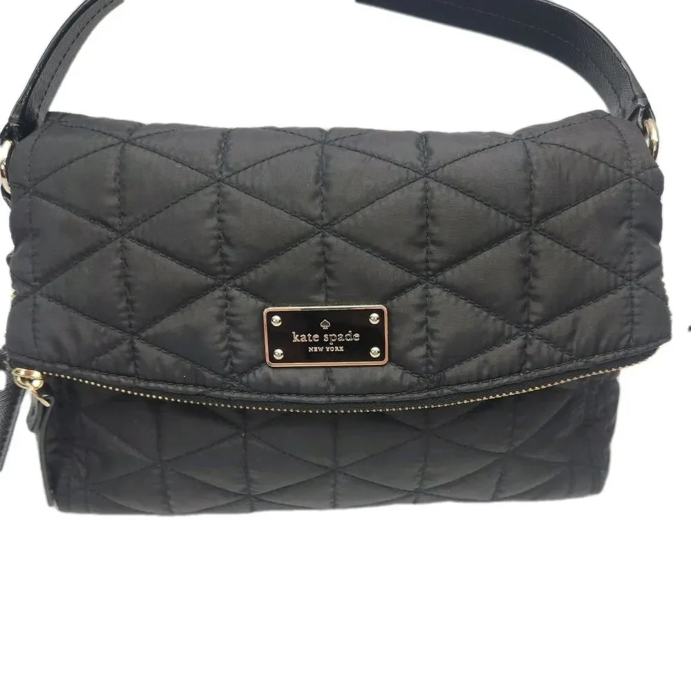 Kate Spade Purse Black Quilted Nylon Crossbody Shoulder Bag Flap Zip Top Small